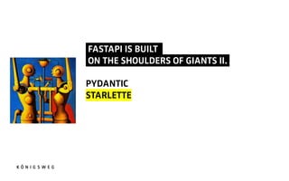 FASTAPI IS BUILT .
ON THE SHOULDERS OF GIANTS II..
PYDANTIC
STARLETTE
 