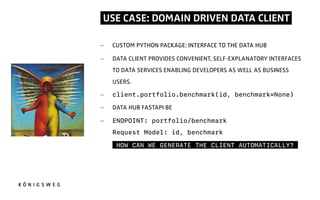 - CUSTOM PYTHON PACKAGE: INTERFACE TO THE DATA HUB
- DATA CLIENT PROVIDES CONVENIENT, SELF-EXPLANATORY INTERFACES
TO DATA SERVICES ENABLING DEVELOPERS AS WELL AS BUSINESS
USERS.
- client.portfolio.benchmark(id, benchmark=None)
- DATA HUB FASTAPI BE
- ENDPOINT: portfolio/benchmark
Request Model: id, benchmark
- HOW CAN WE GENERATE THE CLIENT AUTOMATICALLY?.
USE CASE: DOMAIN DRIVEN DATA CLIENT.
 