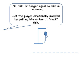 No risk, or danger equal no skin in
the game.

Get the player emotionally involved
by putting him or her at “mock”
risk.

 