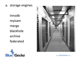 storage engines innodb myisam merge blackhole archive federated www .BlueGecko . net 