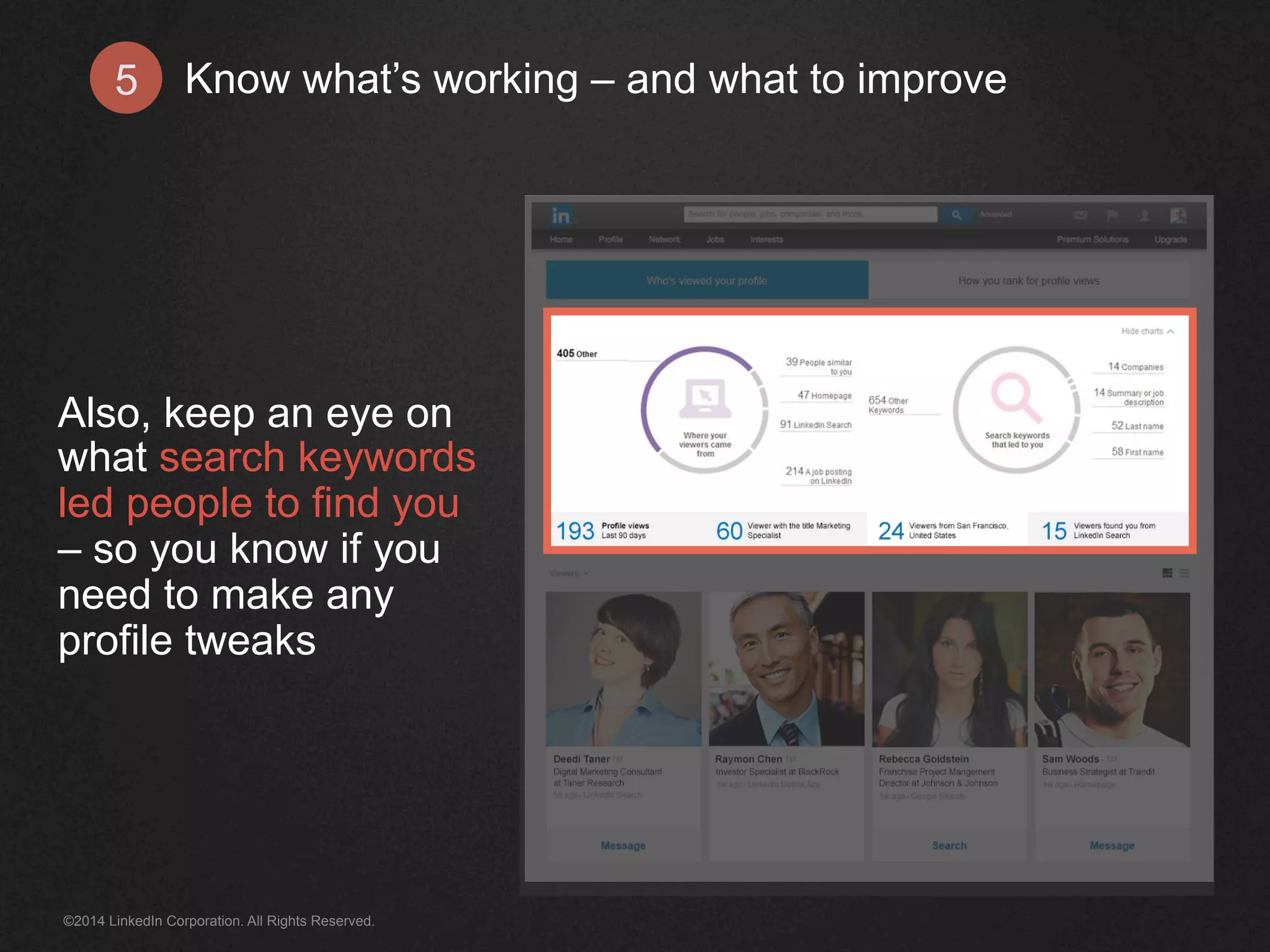 Know what’s working 5 – and what to improve 
Also, keep an eye on 
what search keywords 
led people to find you 
– so you know if you 
need to make any 
profile tweaks 
©2014 LinkedIn Corporation. All Rights Reserved. 
 