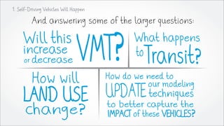 And answering some of the larger questions:
Will this
increase
or decrease VMT?
How will
LAND USE
change?
How do we need t...
