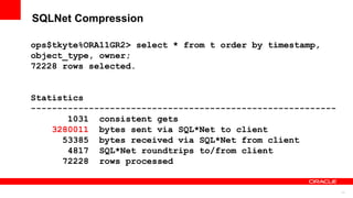 13
SQLNet Compression
ops$tkyte%ORA11GR2> select * from t order by timestamp,
object_type, owner;
72228 rows selected.
Statistics
----------------------------------------------------------
1031 consistent gets
3280011 bytes sent via SQL*Net to client
53385 bytes received via SQL*Net from client
4817 SQL*Net roundtrips to/from client
72228 rows processed
 