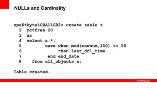 22
NULLs and Cardinality
ops$tkyte%ORA11GR2> create table t
2 pctfree 20
3 as
4 select a.*,
5 case when mod(rownum,100) <= 50
6 then last_ddl_time
7 end end_date
8 from all_objects a;
Table created.
 