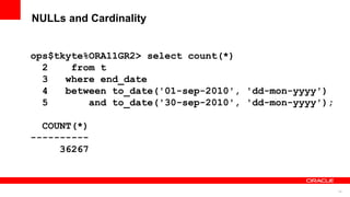24
NULLs and Cardinality
ops$tkyte%ORA11GR2> select count(*)
2 from t
3 where end_date
4 between to_date('01-sep-2010', 'dd-mon-yyyy')
5 and to_date('30-sep-2010', 'dd-mon-yyyy');
COUNT(*)
----------
36267
 