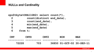 26
NULLs and Cardinality
ops$tkyte%ORA11GR2> select count(*),
2 count(distinct end_date),
3 count(end_date),
4 min(end_date),
5 max(end_date)
6 from t;
CNT CNTD CNT2 MIN MAX
---------- ---------- ---------- --------- ---------
72228 703 36850 01-OCT-02 30-SEP-11
 