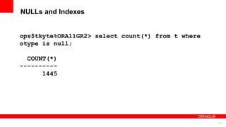 36
NULLs and Indexes
ops$tkyte%ORA11GR2> select count(*) from t where
otype is null;
COUNT(*)
----------
1445
 