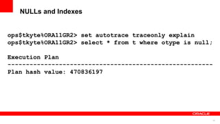 39
NULLs and Indexes
ops$tkyte%ORA11GR2> set autotrace traceonly explain
ops$tkyte%ORA11GR2> select * from t where otype is null;
Execution Plan
--------------------------------------------------------
Plan hash value: 470836197
 