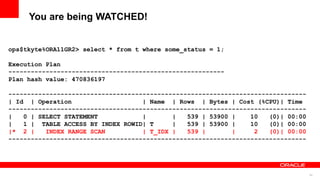 54
You are being WATCHED!
ops$tkyte%ORA11GR2> select * from t where some_status = 1;
Execution Plan
----------------------------------------------------------
Plan hash value: 470836197
--------------------------------------------------------------------------------
| Id | Operation | Name | Rows | Bytes | Cost (%CPU)| Time
--------------------------------------------------------------------------------
| 0 | SELECT STATEMENT | | 539 | 53900 | 10 (0)| 00:00
| 1 | TABLE ACCESS BY INDEX ROWID| T | 539 | 53900 | 10 (0)| 00:00
|* 2 | INDEX RANGE SCAN | T_IDX | 539 | | 2 (0)| 00:00
--------------------------------------------------------------------------------
 