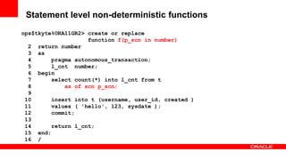 90 Copyright © 2011, Oracle and/or its affiliates. All rights
reserved.
Insert Information Protection Policy Classification from Slide 8
Statement level non-deterministic functions
ops$tkyte%ORA11GR2> create or replace
function f(p_scn in number)
2 return number
3 as
4 pragma autonomous_transaction;
5 l_cnt number;
6 begin
7 select count(*) into l_cnt from t
8 as of scn p_scn;
9
10 insert into t (username, user_id, created )
11 values ( 'hello', 123, sysdate );
12 commit;
13
14 return l_cnt;
15 end;
16 /
 
