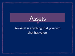 Assets
An asset is anything that you own
that has value.
 