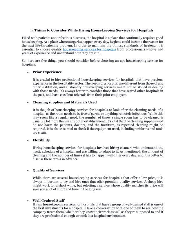 5 things to consider while hiring housekeeping services for hospitals PDF