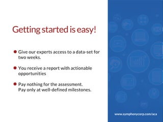 Gettingstartediseasy!
Give our experts access to a data-set for
two weeks.
You receive a report with actionable
opportunit...