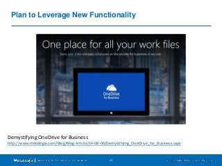 Plan to Leverage New Functionality 
Demystifying OneDrive for Business 
http://www.metalogix.com/Blog/Blog-Article/14-08-0...