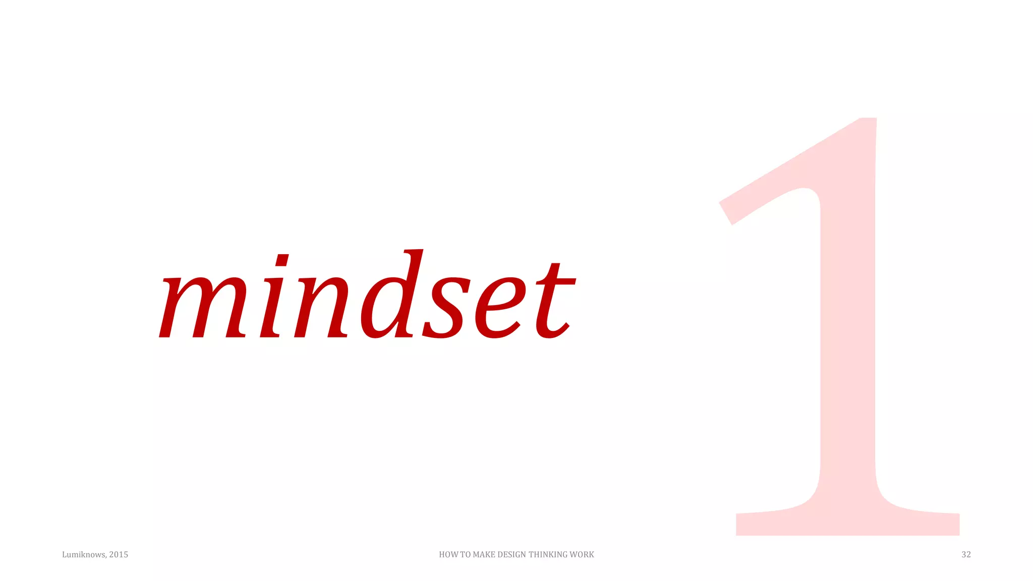 mindset
Lumiknows, 2015 HOW TO MAKE DESIGN THINKING WORK 32
 