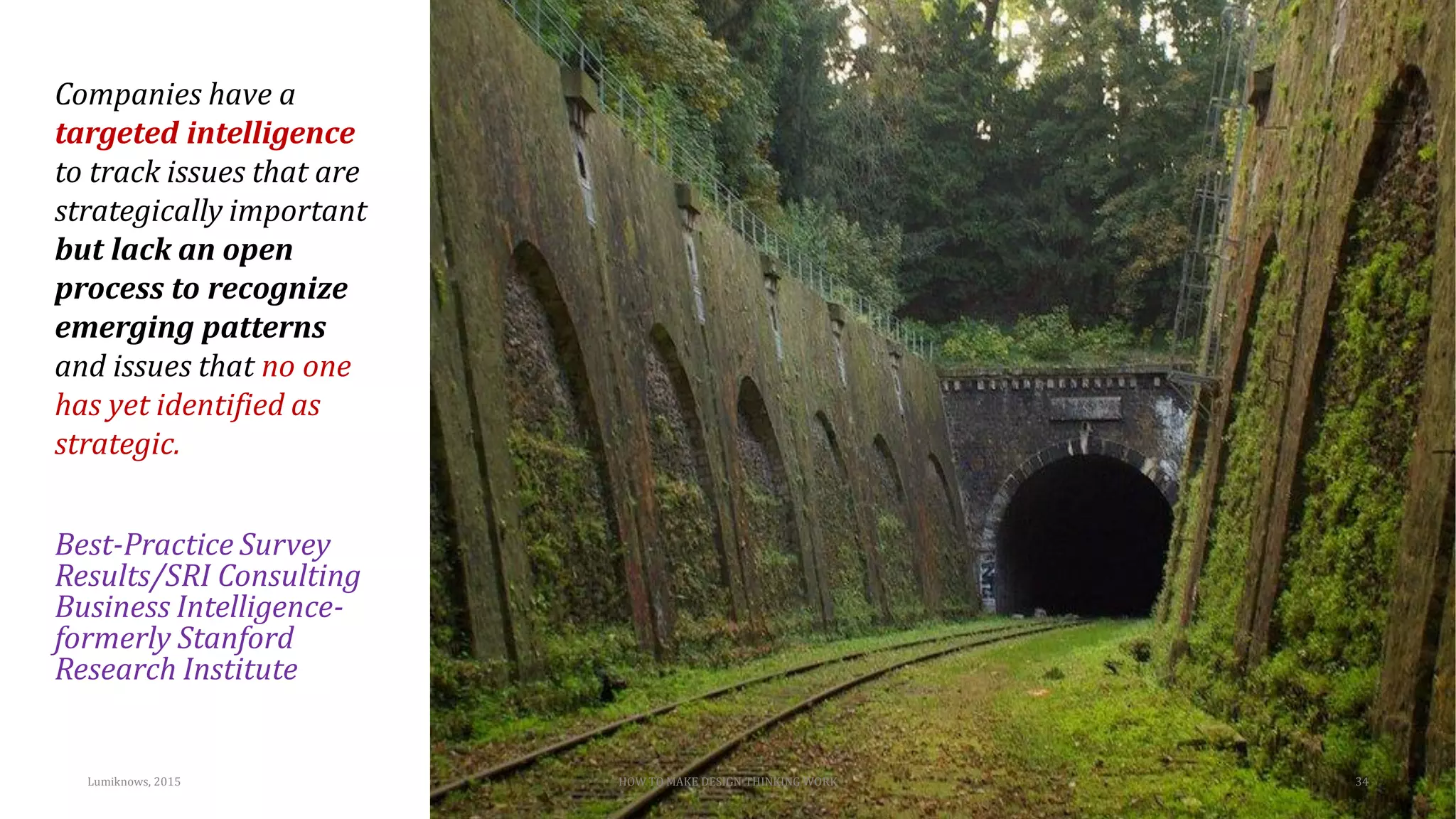 HOW TO MAKE DESIGN THINKING WORK 34
Companies have a
targeted intelligence
to track issues that are
strategically important
but lack an open
process to recognize
emerging patterns
and issues that no one
has yet identified as
strategic.
Best-Practice Survey
Results/SRI Consulting
Business Intelligence-
formerly Stanford
Research Institute
Lumiknows, 2015
 