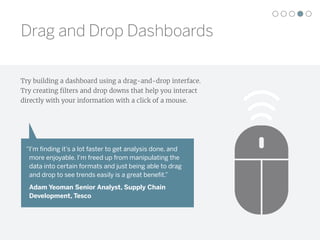 “I'm ﬁnding it's a lot faster to get analysis done, and
more enjoyable. I'm freed up from manipulating the
data into certain formats and just being able to drag
and drop to see trends easily is a great beneﬁt.”
Adam Yeoman Senior Analyst, Supply Chain
Development, Tesco
Try building a dashboard using a drag-and-drop interface.
Try creating filters and drop downs that help you interact
directly with your information with a click of a mouse.
Drag and Drop Dashboards
 