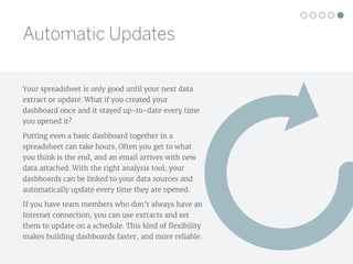 Your spreadsheet is only good until your next data
extract or update. What if you created your
dashboard once and it stayed up-to-date every time
you opened it?
Putting even a basic dashboard together in a
spreadsheet can take hours. Often you get to what
you think is the end, and an email arrives with new
data attached. With the right analysis tool, your
dashboards can be linked to your data sources and
automatically update every time they are opened.
If you have team members who don’t always have an
Internet connection, you can use extracts and set
them to update on a schedule. This kind of flexibility
makes building dashboards faster, and more reliable.
Automatic Updates
 