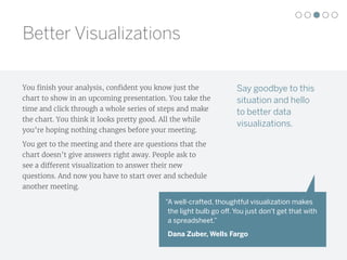 Say goodbye to this
situation and hello
to better data
visualizations.
You finish your analysis, confident you know just the
chart to show in an upcoming presentation. You take the
time and click through a whole series of steps and make
the chart. You think it looks pretty good. All the while
you’re hoping nothing changes before your meeting.
You get to the meeting and there are questions that the
chart doesn’t give answers right away. People ask to
see a different visualization to answer their new
questions. And now you have to start over and schedule
another meeting.
"A well-crafted, thoughtful visualization makes
the light bulb go off. You just don't get that with
a spreadsheet.”
Dana Zuber, Wells Fargo
Better Visualizations
 
