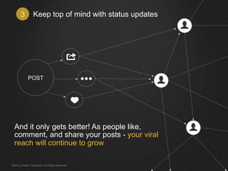 Keep top of mind 3 with status updates 
POST 
And it only gets better! As people like, 
comment, and share your posts - your viral 
reach will continue to grow 
©2014 LinkedIn Corporation. All Rights Reserved. 
 