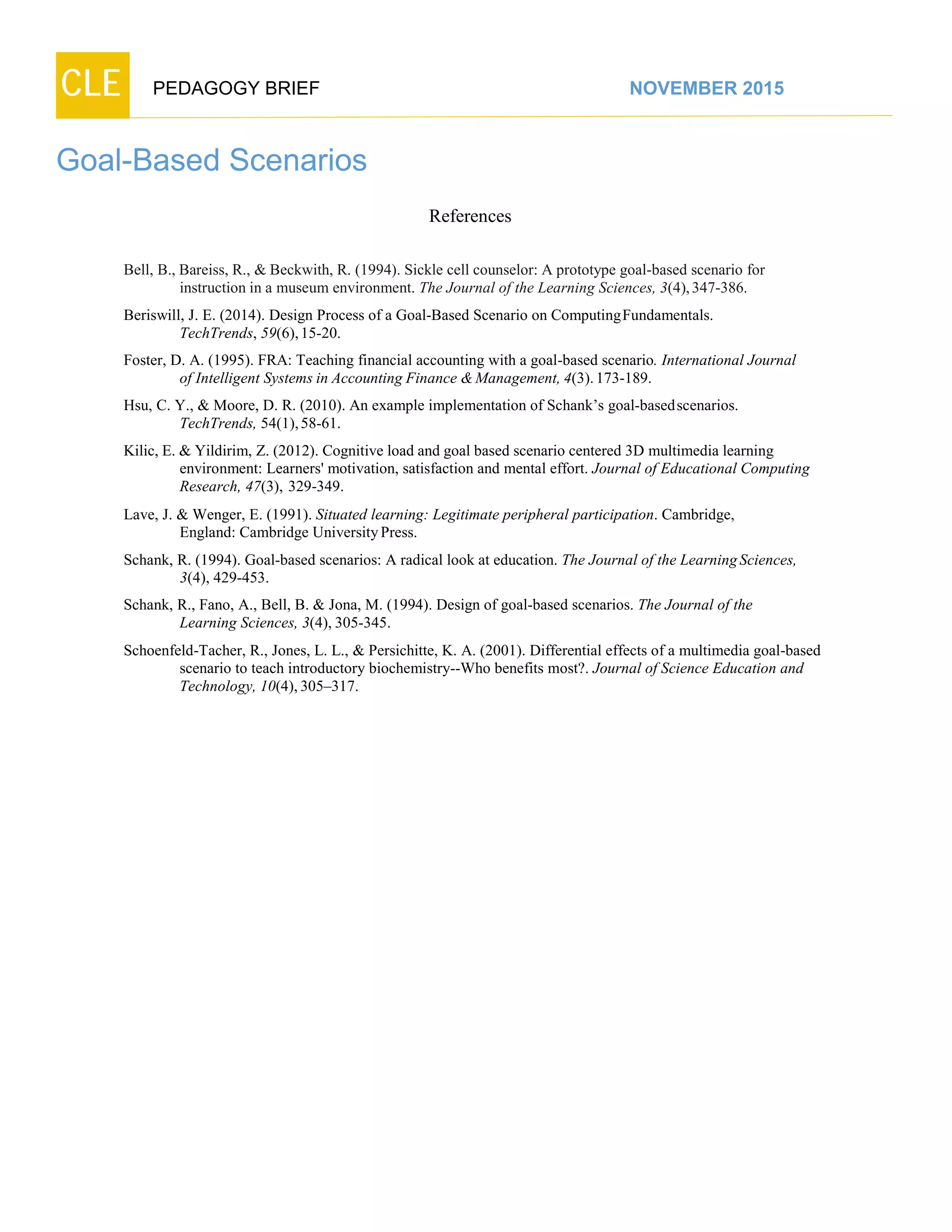CLE PEDAGOGY BRIEF NOVEMBER 2015
Goal-Based Scenarios
References
Bell, B., Bareiss, R., & Beckwith, R. (1994). Sickle cell counselor: A prototype goal-based scenario for
instruction in a museum environment. The Journal of the Learning Sciences, 3(4),347-386.
Beriswill, J. E. (2014). Design Process of a Goal-Based Scenario on ComputingFundamentals.
TechTrends, 59(6),15-20.
Foster, D. A. (1995). FRA: Teaching financial accounting with a goal-based scenario. International Journal
of Intelligent Systems in Accounting Finance &Management, 4(3).173-189.
Hsu, C. Y., & Moore, D. R. (2010). An example implementation of Schank’s goal-basedscenarios.
TechTrends, 54(1),58-61.
Kilic, E. & Yildirim, Z. (2012). Cognitive load and goal based scenario centered 3D multimedia learning
environment: Learners' motivation, satisfaction and mental effort. Journal of Educational Computing
Research, 47(3), 329-349.
Lave, J. & Wenger, E. (1991). Situated learning: Legitimate peripheral participation. Cambridge,
England: Cambridge UniversityPress.
Schank, R. (1994). Goal-based scenarios: A radical look at education. The Journal of the LearningSciences,
3(4), 429-453.
Schank, R., Fano, A., Bell, B. & Jona, M. (1994). Design of goal-based scenarios. The Journal of the
Learning Sciences, 3(4), 305-345.
Schoenfeld-Tacher, R., Jones, L. L., & Persichitte, K. A. (2001). Differential effects of a multimedia goal-based
scenario to teach introductory biochemistry--Who benefits most?. Journal of Science Education and
Technology, 10(4),305–317.
 