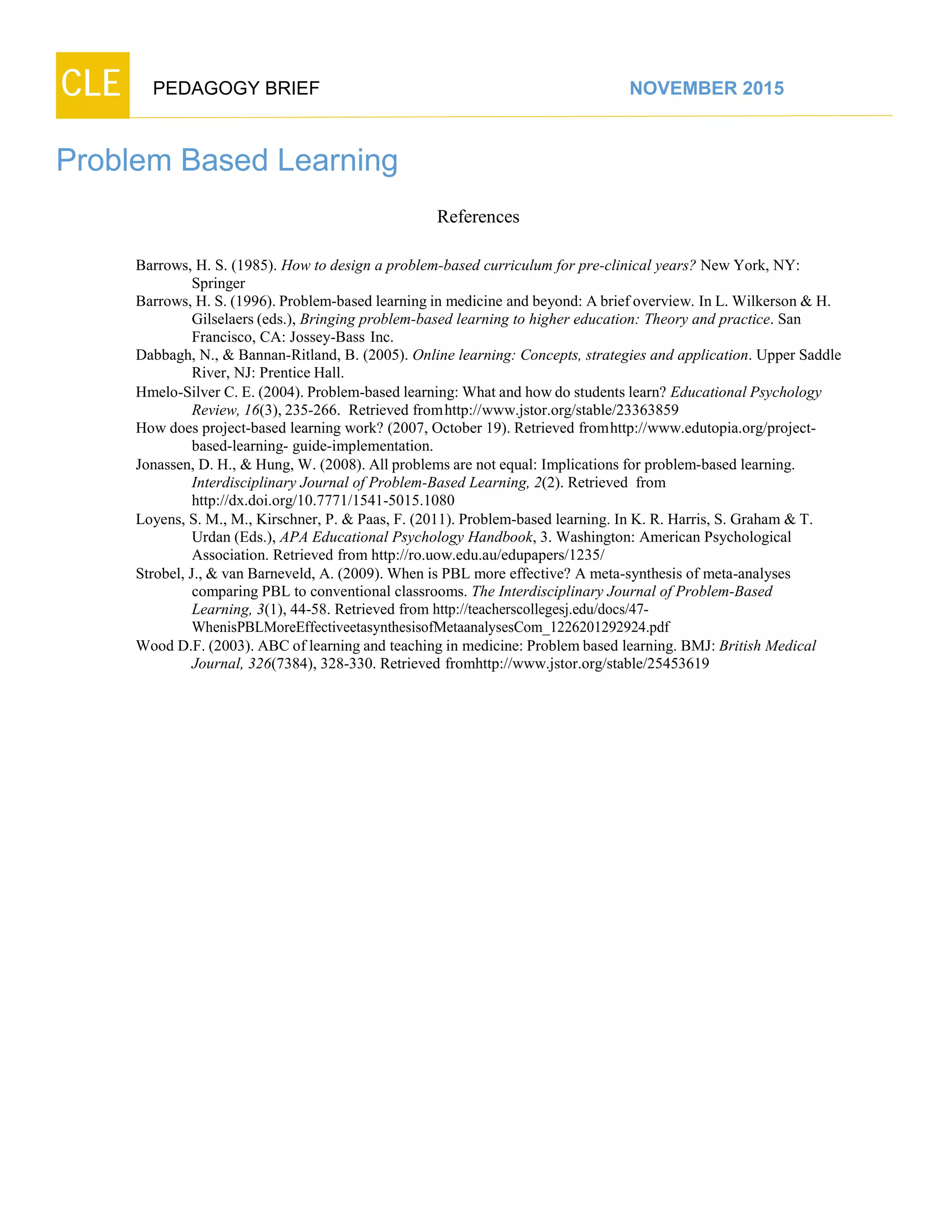 CLE PEDAGOGY BRIEF NOVEMBER 2015
Problem Based Learning
References
Barrows, H. S. (1985). How to design a problem-based curriculum for pre-clinical years? New York, NY:
Springer
Barrows, H. S. (1996). Problem-based learning in medicine and beyond: A brief overview. In L. Wilkerson & H.
Gilselaers (eds.), Bringing problem-based learning to higher education: Theory and practice. San
Francisco, CA: Jossey-Bass Inc.
Dabbagh, N., & Bannan-Ritland, B. (2005). Online learning: Concepts, strategies and application. Upper Saddle
River, NJ: Prentice Hall.
Hmelo-Silver C. E. (2004). Problem-based learning: What and howdo students learn? Educational Psychology
Review, 16(3), 235-266. Retrieved fromhttp://www.jstor.org/stable/23363859
How does project-based learning work? (2007, October 19). Retrieved fromhttp://www.edutopia.org/project-
based-learning-guide-implementation.
Jonassen, D. H., & Hung, W. (2008). All problems are not equal: Implications for problem-based learning.
Interdisciplinary Journal of Problem-Based Learning, 2(2). Retrieved from
http://dx.doi.org/10.7771/1541-5015.1080
Loyens, S. M., M., Kirschner, P. & Paas, F. (2011). Problem-based learning. In K. R. Harris, S. Graham & T.
Urdan (Eds.), APA Educational Psychology Handbook, 3. Washington: American Psychological
Association. Retrieved fromhttp://ro.uow.edu.au/edupapers/1235/
Strobel, J., & van Barneveld, A. (2009). When is PBL more effective? A meta-synthesis of meta-analyses
comparing PBL to conventional classrooms. The Interdisciplinary Journal of Problem-Based
Learning,3(1),44-58.Retrievedfromhttp://teacherscollegesj.edu/docs/47-
WhenisPBLMoreEffectiveetasynthesisofMetaanalysesCom_1226201292924.pdf
Wood D.F. (2003). ABC of learning and teaching in medicine: Problem based learning. BMJ: British Medical
Journal, 326(7384), 328-330. Retrieved fromhttp://www.jstor.org/stable/25453619
 