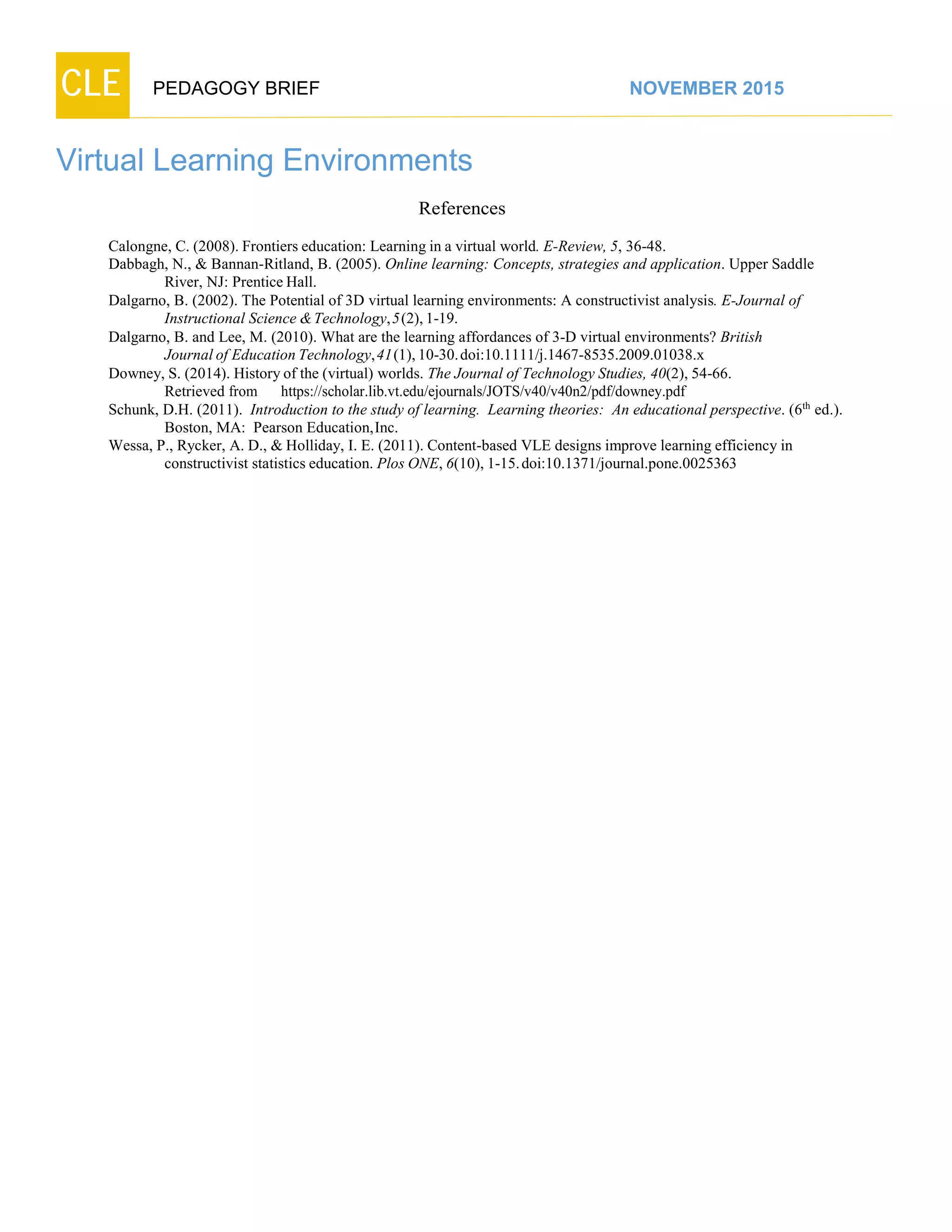 CLE PEDAGOGY BRIEF NOVEMBER 2015
Virtual Learning Environments
References
Calongne, C. (2008). Frontiers education: Learning in a virtual world. E-Review, 5, 36-48.
Dabbagh, N., & Bannan-Ritland, B. (2005). Online learning: Concepts, strategies and application. Upper Saddle
River, NJ: Prentice Hall.
Dalgarno, B. (2002). The Potential of 3D virtual learning environments: A constructivist analysis. E-Journal of
Instructional Science &Technology,5(2),1-19.
Dalgarno, B. and Lee, M. (2010). What are the learning affordances of 3-D virtual environments? British
JournalofEducationTechnology,41(1),10-30.doi:10.1111/j.1467-8535.2009.01038.x
Downey, S. (2014). History of the (virtual) worlds. The Journal of Technology Studies, 40(2), 54-66.
Retrievedfrom https://scholar.lib.vt.edu/ejournals/JOTS/v40/v40n2/pdf/downey.pdf
Schunk, D.H. (2011). Introduction to the study of learning. Learning theories: An educational perspective. (6th
ed.).
Boston, MA: Pearson Education,Inc.
Wessa, P., Rycker, A. D., & Holliday, I. E. (2011). Content-based VLE designs improve learning efficiency in
constructivist statistics education. Plos ONE, 6(10), 1-15.doi:10.1371/journal.pone.0025363
 