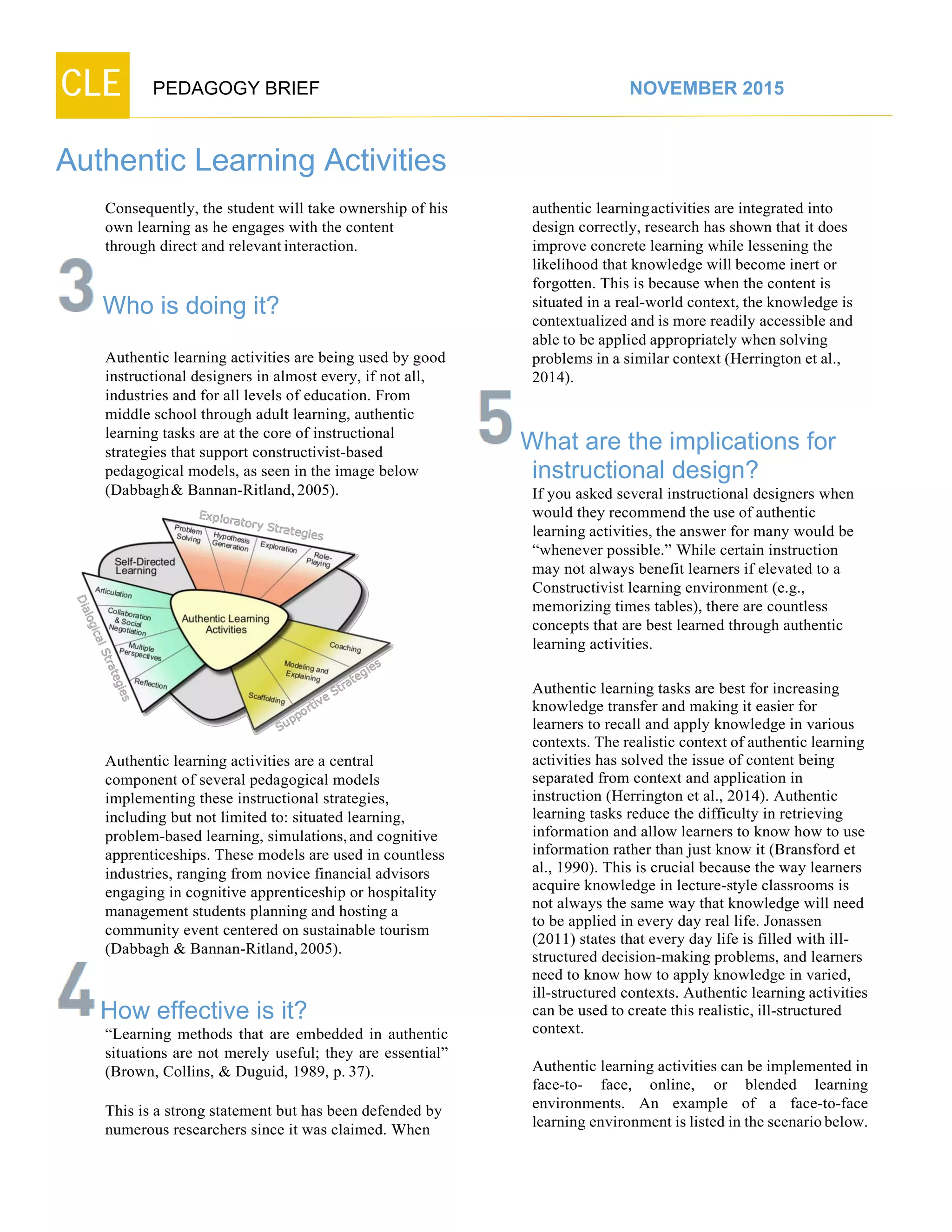 CLE PEDAGOGY BRIEF NOVEMBER 2015
Authentic Learning Activities
Consequently, the student will take ownership of his
own learning as he engages with the content
through direct and relevant interaction.
Who is doing it?
Authentic learning activities are being used by good
instructional designers in almost every, if not all,
industries and for all levels of education. From
middle school through adult learning, authentic
learning tasks are at the core of instructional
strategies that support constructivist-based
pedagogical models, as seen in the image below
(Dabbagh& Bannan-Ritland, 2005).
Authentic learning activities are a central
component of several pedagogical models
implementing these instructional strategies,
including but not limited to: situated learning,
problem-based learning, simulations, and cognitive
apprenticeships. These models are used in countless
industries, ranging from novice financial advisors
engaging in cognitive apprenticeship or hospitality
management students planning and hosting a
community event centered on sustainable tourism
(Dabbagh & Bannan-Ritland, 2005).
How effective is it?
“Learning methods that are embedded in authentic
situations are not merely useful; they are essential”
(Brown, Collins, & Duguid, 1989, p. 37).
This is a strong statement but has been defended by
numerous researchers since it was claimed. When
authentic learningactivities are integrated into
design correctly, research has shown that it does
improve concrete learning while lessening the
likelihood that knowledge will become inert or
forgotten. This is because when the content is
situated in a real-world context, the knowledge is
contextualized and is more readily accessible and
able to be applied appropriately when solving
problems in a similar context (Herrington et al.,
2014).
What are the implications for
instructional design?
If you asked several instructional designers when
would they recommend the use of authentic
learning activities, the answer for many would be
“whenever possible.” While certain instruction
may not always benefit learners if elevated to a
Constructivist learning environment (e.g.,
memorizing times tables), there are countless
concepts that are best learned through authentic
learning activities.
Authentic learning tasks are best for increasing
knowledge transfer and making it easier for
learners to recall and apply knowledge in various
contexts. The realistic context of authentic learning
activities has solved the issue of content being
separated from context and application in
instruction (Herrington et al., 2014). Authentic
learning tasks reduce the difficulty in retrieving
information and allow learners to know how to use
information rather than just know it (Bransford et
al., 1990). This is crucial because the way learners
acquire knowledge in lecture-style classrooms is
not always the same way that knowledge will need
to be applied in every day real life. Jonassen
(2011) states that every day life is filled with ill-
structured decision-making problems, and learners
need to know how to apply knowledge in varied,
ill-structured contexts. Authentic learning activities
can be used to create this realistic, ill-structured
context.
Authentic learning activities can be implemented in
face-to- face, online, or blended learning
environments. An example of a face-to-face
learning environment is listed in the scenario below.
 