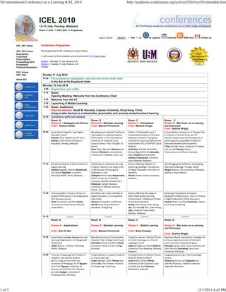 5th International Conference on e-Learning ICEL 2010

http://academic-conferences.org/icel/icel2010/icel10-timetable.htm

ICEL 2010
12-13 July, Penang, Malaysia
Home >> ICEL >> ICEL 2010 >> Programme

WWW

ICEL 2011 Home

At a glance

Calendar

RSS Feed

Contact us

Conference Programme

ICEL 2010 Home
Biographies
Committee
Photo Gallery
Proceedings 2010
Programme
Practical Information

ACI

The programme for the conference is given below.

ICEL Future
ICEL Past
About ACI

A .pdf version of this timetable can be found on the At a Glance page.
Section 1 Monday 12 July Streams A-D
Section 2 Tuesday 13 July Streams A-D
Posters

Sunday 11 July 2010
18:30 Pre-conference registration and welcome drink (Until 1930)
in the Bar at the Equatorial Hotel
Monday 12 July 2010
9:00 Registration and coffee
9:15 Room:
Opening Meeting: Welcome from the Conference Chair
9:25 Welcome from the VC
9:35 Launching of Mobile Learning
9:45 Room: Auditorium
Keynote address: David M. Kennedy, Lingnan University, Hong Kong, China
Using mobile devices to contextualize, personalize and promote student-centred learning
10:30

Conference splits into streams
Room: A
Stream A - Strategies and Drivers
Chair: Kalsom Salleh

Room: B
Stream B - Blended Learning
Chair: Manuel Pocivavnik

Room: C
Stream C - Perceptions
Chair: Marlena Kruger

Room: D
Stream D - Mini track on e-Learning
and Outcomes
Chair: Noeline Wright

10:45

eLearning Strategy for Iraqi Higher
EducaƟon Sector
Elameer Amer Saleem and M. Idrus
Rozhan, USM-School of Distance
EducaƟon, Penang, Malaysia

Blending eLearning with TradiƟonal
Teaching for Increasing Student’s
Performance in The InternaƟonal
University of Chabahar (IUC):
Lessons Learnt, From Thoughts To
AcƟon
Yavar Bijan, Maryam Rahmani and
Maisam Mirtaheri, InternaƟonal
University of Chabahar (IUC), Iran

PaƩern of ParƟcipaƟon and a
ComparaƟve Analysis of Thai and
Malaysian Students’ PercepƟon
Towards the Learning Plaƞorm and
Environment of EU-SUPPORT Social
Network
Syed Idros Sharifah Norhaidah,
Norizan Esa, Mohd Ali Samsudin,
Abdul Rashid and Mohamad
Salubsri Charoenwet, UniversiƟ
Sains Malaysia, Malaysia

A QuanƟtaƟve Comparison of Change Over
12 months in Trainee Music and PE
Teachers Experiences and PercepƟons of
eLearning and a QualitaƟve Analysis of
Perceived Beneﬁts and Enjoyment
O'Dea Jennifer Anne, University of Sydney
and Jennifer Rowley, Sydney
Conservatorium of Music, Australia

11:15

Behavioral Aspects of Adult Students in
Digital Learning
Hashim Rugayah, Hashim Ahmad and
Che Zainab Abdullah, UniversiƟ
Teknologi MARA, Perak, Malaysia

SaƟsfacƟon in a Blended Learning
Program: Results of an Experiment
in the Faculty of Nursing and
Midwifery in Iran
Zolfaghari Mitra, Reza Negarandeh,
Tehran University of Medical
Sciences, Fazlollah Ahmadi and S
Eybpoosh, Tarbiat Modares
University of Medical Sciences,
Tehran, Iran

Factors AﬀecƟng AdopƟon of
eLearning Paradigm: PercepƟons
of Higher EducaƟon Instructors in
PalesƟne
Shraim Khitam, Birzeit University,
PalesƟne

Microblogging for ReﬂecƟon: Developing
Teaching Knowledge Through TwiƩer
Wright Noeline, The University of Waikato,
Hamilton, New Zealand

11:45

The Long Walk to Success: Drivers of
Student Performance in a Postgraduate
ODL Business Course
Davis Annemarie and Peet Venter,
University of South Africa, Pretoria,
South Africa

ePorƞolio use in two InsƟtutes of
Higher EducaƟon: A ComparaƟve
Case Study
Deneen Christopher and Ronnie
Shroﬀ, Hong Kong InsƟtute of
EducaƟon, Hong Kong

Factors AﬀecƟng the Usage of
WBLE (Web-Based Learning
Environment): A Malaysian Private
University Experience
Chong Chee Keong, Chee-Heong
Lee, You-How Go and Chee-Hoong
Lam, UniversiƟ Tunku Abdul
Rahman, Malaysia

Achieving TransacƟonal ComputerMediated Conferencing or: How to Produce
a Highly InteracƟve Online Discussion
Knutzen Brant and David Kennedy, Lingnan
University, Hong Kong

12:15

Lunch

Lunch

Lunch

Lunch

Room: A

Room: C

Room: D

Stream A – Applications

Stream B - Blended Learning

Stream C - Mobile Learning

Stream D - Mini track on e-Learning
and Outcomes

Chair: Soh Or Kan

Chair: Manuel Pocivavnik

Chair: Brant Knutzen

13:30

eLearning Knowledge Mangement and
Learning OrganisaƟon: An Integerated
PerspecƟve
Salleh Kalsom, UniversiƟ Teknologi
MARA, Malaysia

Blended Learning at the Australian
Industry Trade College (Gold Coast)
Komadina Olivija and Mark Hands,
Australian Industry Trade College,
Australia

Using the Learners’ Mobile Phones
to Enrich Exchanges in a French
Language Course
Gabarre Serge and Cécile Gabarre,
University Putra Malaysia, Serdang,
Malaysia

14:00

1 of 3

Room: B

A Survey of Applying User Proﬁles in
AdapƟve InstrucƟonal Systems
Le Duc-Long and Van-Hao Tran,
University of Pedagogy, An-Te Nguyen,
Dinh-Thuc Nguyen, University of
Science, Ho-Chi Minh City, Vietnam
and Axel Hunger, University of
Duisburg-Essen, Germany

Using Podcasts to Support Students
in a Land Law Class
Lower Michael, Keith Thomas and
Annisa Ho, The Chinese University
of Hong Kong, Hong Kong

Pushing Content to Mobile Phones:
What do Students Want?
Lynch Kathy, Richard White,
University of the Sunshine Coast,
Australia and Zach Johnson,
Blackboard, Australia

Chair: Noeline Wright
Readiness-Based IntervenƟon Strategies for
an eLearning Environment of the Saint
Louis University Graduate Program
Mercado Cecilia, Saint Louis University and
John Anthony Domantay, Saint Louis
University, Phillipines
IntegraƟng eLearning in the Knowledge
Society
Tanasescu Dorina, Ion Stegaroiu and
Gabriela Paunescu, Valahia University,
Targoviste, Romania

12/1/2013 4:43 PM

 
