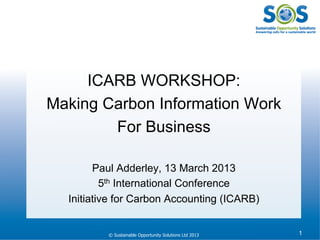 © Sustainable Opportunity Solutions Ltd 2013 1
ICARB WORKSHOP:
Making Carbon Information Work
For Business
Paul Adderley, 13 March 2013
5th International Conference
Initiative for Carbon Accounting (ICARB)
 