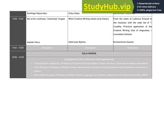 Xanthippi Kipouridou Vicky Steka Zacharoula Theodorou
11:30 - 11:45 We write creatively, "unlocking" images
Vasiliki Petra
When Creative Writing meets local history
Zafeiroula Mylona
From the notes of Ludovico Einaudi to
the musician with the wide hat of T.
Livaditis. Practical application at the
Creative Writing Club of Avgouleas –
Linardatos Schools
Konstantinos Galanis
11:45 – 12:00 Discussion Discussion Discussion
12:00 – 12:30
SALA MAGNA
Completion of the conference with speeches by
o Triantafyllos H. Kotopoulos, Professor of Creative Writing & Modern Greek Literature, University of Western Macedonia
o Tzina Kalogirou, Professor of Modern Greek Literature and Literature Teaching, National and Kapodistrian University of
Athens
o Maria Rosa Caracausi, Professor of Modern Greek Language and Literature, Department of Culture and Society, UNIPA
 