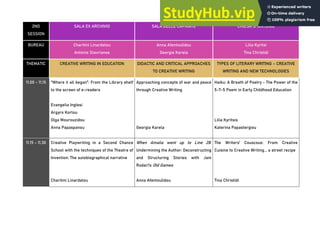 2ND
SESSION
SALA EX ARCHIVIO SALA DELLE CAPRIATE CHIESA S. ANTONIO
BUREAU Charitini Linardatou
Antonis Stavrianos
Anna Afentoulidou
Georgia Karela
Lilia Kyritsi
Tina Christidi
THEMATIC CREATIVE WRITING IN EDUCATION DIDACTIC AND CRITICAL APPROACHES
TO CREATIVE WRITING
TYPES OF LITERARY WRITING – CREATIVE
WRITING AND NEW TECHNOLOGIES
11.00 - 11.15 "Where it all began": From the Library shelf
to the screen of e-readers
Evangelia Inglesi
Argyro Korlou
Olga Mourouzidou
Anna Papaspanou
Approaching concepts of war and peace
through Creative Writing
Georgia Karela
Haiku: A Breath of Poetry - The Power of the
5-7-5 Poem in Early Childhood Education
Lilia Kyritsis
Katerina Papastergiou
11.15 - 11.30 Creative Playwriting in a Second Chance
School with the techniques of the Theatre of
Invention: The autobiographical narrative
Charitini Linardatou
When Amalia went up to Line 28.
Undermining the Author: Deconstructing
and Structuring Stories with Jani
Rodari's Old Games
Anna Afentoulidou
The Writers' Couscous: From Creative
Cuisine to Creative Writing... a street recipe
Tina Christidi
 