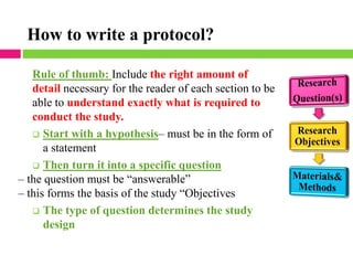 How to write a protocol?
Rule of thumb: Include the right amount of
detail necessary for the reader of each section to be
able to understand exactly what is required to
conduct the study.
❑ Start with a hypothesis– must be in the form of
a statement
❑ Then turn it into a specific question
– the question must be “answerable”
– this forms the basis of the study “Objectives
❑ The type of question determines the study
design
 
