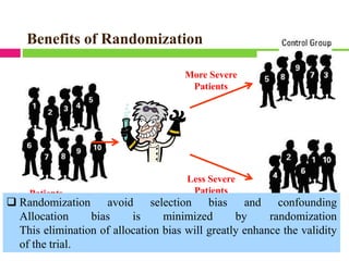 Patients
Less Severe
Patients
More Severe
Patients
Benefits of Randomization
❑ Randomization avoid selection bias and confounding
Allocation bias is minimized by randomization
This elimination of allocation bias will greatly enhance the validity
of the trial.
 