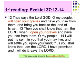 1st reading: Ezekiel 37:12-14
 12

Thus says the Lord GOD: O my people, I
will open your graves and have you rise from
them, and bring you back to the land of
Israel. 13 Then you shall know that I am the
LORD, when I open your graves and have
you rise from them, O my people! 14 I will
put my spirit in you that you may live, and I
will settle you upon your land; thus you shall
know that I am the LORD. I have promised,
and I will do it, says the LORD.
The focus is on bringing the dead back to life.

 