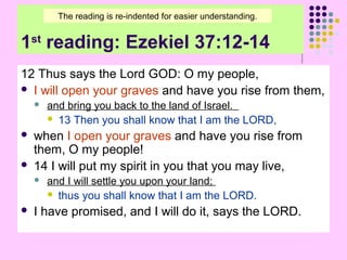 The reading is re-indented for easier understanding.

1st reading: Ezekiel 37:12-14
12 Thus says the Lord GOD: O my people,
 I will open your graves and have you rise from them,





when I open your graves and have you rise from
them, O my people!
14 I will put my spirit in you that you may live,




and bring you back to the land of Israel.
 13 Then you shall know that I am the LORD,

and I will settle you upon your land;
 thus you shall know that I am the LORD.

I have promised, and I will do it, says the LORD.

 