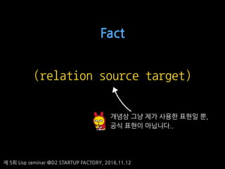 ? 5? Lisp seminar @D2 STARTUP FACTORY, 2016.11.12
Fact
(relation source target)
??? ?? ?? ??? ??? ?,
?? ??? ????..
 