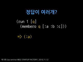 ? 5? Lisp seminar @D2 STARTUP FACTORY, 2016.11.12
(run 1 [q]
(membero q [:a :b :c]))
=> (:a)
??? ????
 