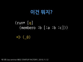 ? 5? Lisp seminar @D2 STARTUP FACTORY, 2016.11.12
(run* [q]
(membero :b [:a :b :c]))
=> (_0)
?? ???
 