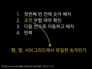 ? 5? Lisp seminar @D2 STARTUP FACTORY, 2016.11.12
1. ??? ? ?? ?? ??
2. ?? ?? ?? ??
3. ?? ??? ???? ??
4. ??
?, ?, ??????? ??? ????
 
