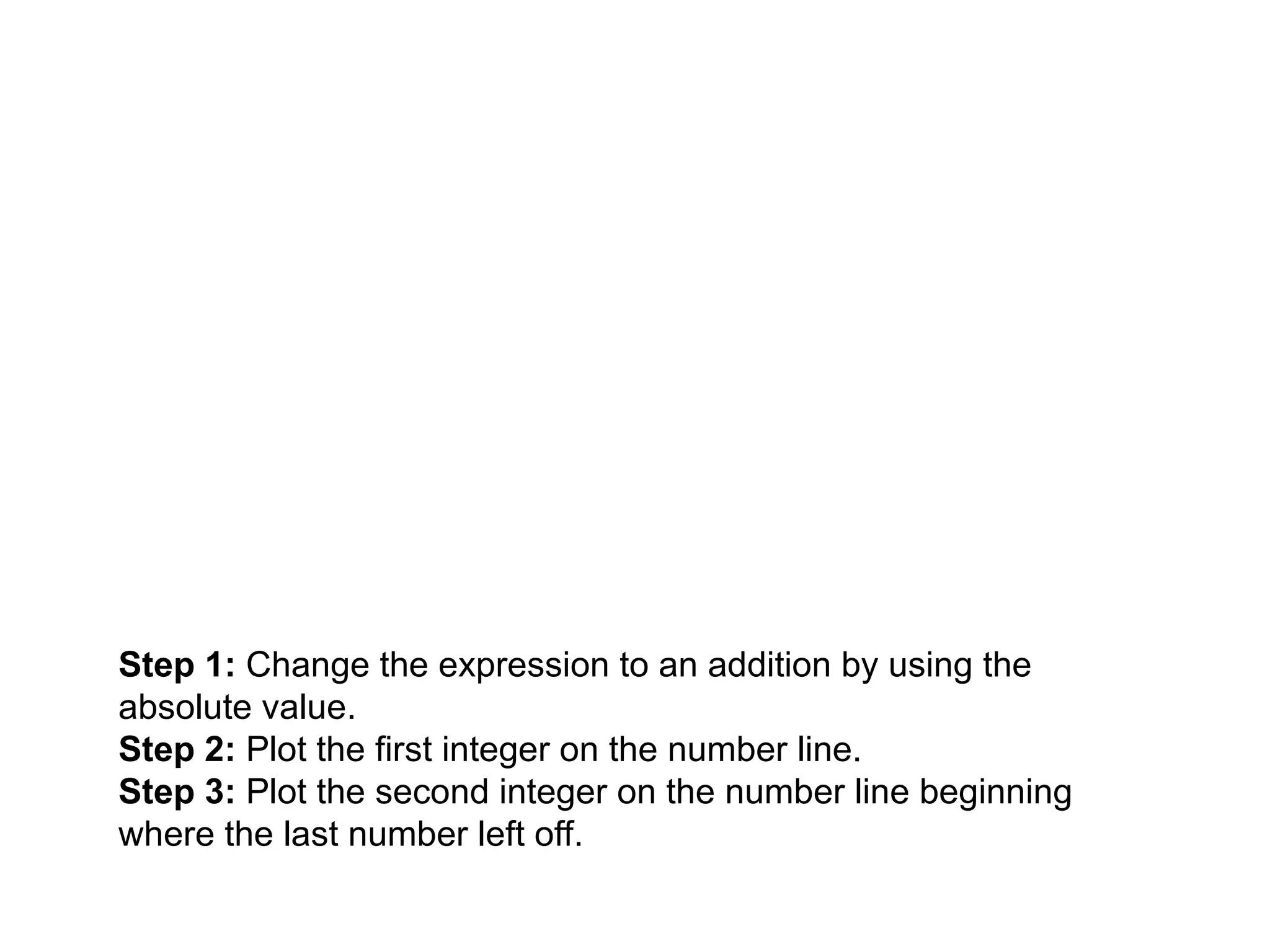 Step 1: Change the expression to an addition by using the
absolute value.
Step 2: Plot the first integer on the number line.
Step 3: Plot the second integer on the number line beginning
where the last number left off.
 
