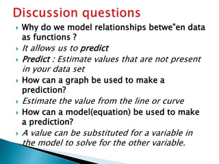  Why do we model relationships betwe”en data
as functions ?
 It allows us to predict
 Predict : Estimate values that are not present
in your data set
 How can a graph be used to make a
prediction?
 Estimate the value from the line or curve
 How can a model(equation) be used to make
a prediction?
 A value can be substituted for a variable in
the model to solve for the other variable.
 