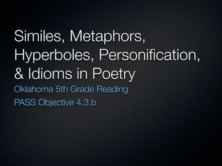 Similes, Metaphors,
Hyperboles, Personiﬁcation,
& Idioms in Poetry
Oklahoma 5th Grade Reading
PASS Objective 4.3.b
 