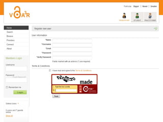 VOA3R platform: http://voa3r.cc.uah.es
• VOA3R: Virtual Open Access Agriculture &
  Aquaculture Repository

• Used for
  – Networking researchers working in the same or
    relevant fields
  – Providing access to open access scholarly content

• I.S.L.E. community/group already existing!
 