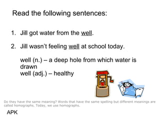 Read the following sentences:
1. Jill got water from the well.
2. Jill wasn’t feeling well at school today.
well (n.) – a deep hole from which water is
drawn
well (adj.) – healthy
Do they have the same meaning? Words that have the same spelling but different meanings are
called homographs. Today, we use homographs.
APK
 