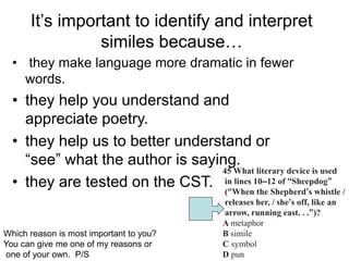 It’s important to identify and interpret
similes because…
• they make language more dramatic in fewer
words.
• they help you understand and
appreciate poetry.
• they help us to better understand or
“see” what the author is saying.
• they are tested on the CST.
45 What literary device is used
in lines 10–12 of “Sheepdog”
(“When the Shepherd’s whistle /
releases her, / she’s off, like an
arrow, running east. . .”)?
A metaphor
B simile
C symbol
D pun
Which reason is most important to you?
You can give me one of my reasons or
one of your own. P/S
 