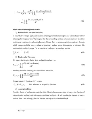 9 | P a g e
4
1
12 4
1 1
1
1 2 1 2
2
1 2
1 2 1 2
2
1 2
1
1
cos cos
cos cos
b
b
T
F
T A A A
A A A
dA dA
S
dA dA
S

 

 
 

 = 

=
 
  (12)
Rules for determining shape factor:
1) Summation/Conservation Rule:
In order that we might apply conservation of energy to the radiation process, we must account for
all energy leaving a surface. We imagine that the surrounding surfaces act as an enclosure about the
heat source which receive all emitted energy. Should there be an opening in this enclosure through
which energy might be lost, we place an imaginary surface across this opening to intercept this
portion of the emitted energy. For an n surfaced enclosure, we can then see that
1
1 [ ]
n
ij
j
F i
=
=  (13)
2) Reciprocity Theorem:
We may write the view factor from surface i to surface j as:
1 2
2
cos cos
i j i
i j
i j
F A
A A
dA dA
S
 
→

=   (14)
Similarly, between surface j and surface i we may write,
1 2
2
cos cos
j i j
i j
j i
F A
A A
dA dA
S
 
→

=   (15)
Comparing eq. (14) and eq. (15) we get,
i j i j i jF A F A→ →= This is known as reciprocity theorem. (16)
3) Associative Rule:
Consider the set of surfaces shown to the right: Clearly, from conservation of energy, the fraction of
energy leaving surface i and striking the combined surface 𝑗 + 𝑘 will equal to the fraction of energy
emitted from i and striking j plus the fraction leaving surface i and striking k.
 