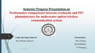 Semester Progress Presentation on
Performance comparisons between Avalanche and PIN
photodetectors for underwater optical wireless
communication system
Under the Supervision of Presented by:
Prof. Monika Agrawal Priya Pandey
2018CRZ8653
5th Semester
4 August 2022
C.A.R.E. IIT Delhi
1
 