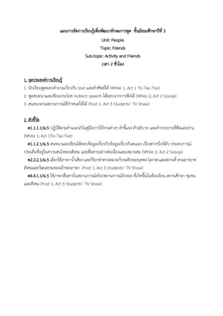 แผนการจัดการเรียนรู้เพื่อพัฒนาทักษะการพูด ชั้นมัธยมศึกษาปีที่ 5
Unit: People
Topic: Friends
Sub-topic: Activity and Friends
เวลา 2 ชั่วโมง
1. จุดประสงค์การเรียนรู้
1. นักเรียนพูดตอบคาถามเกี่ยวกับ text และคาศัพท์ได้ (While 1, Act 1 Tic-Tac-Toe)
2. พูดสนทนาและเขียนประโยค indirect speech โต้ตอบจากการฟังได้ (While 2, Act 2 Gossip)
3. สนทนาตามสถานการณ์ที่กาหนดให้ได้ (Post 1, Act 3 Students’ TV Show)
2. ตัวชี้วัด
ต1.1.1.1/ม.5 ปฏิบัติตามคาแนะนาในคู่มือการใช้งานต่างๆ คาชี้แจง คาอธิบาย และคาบรรยายที่ฟังและอ่าน
(While 1, Act 1Tic-Tac-Toe)
ต1.1.2.1/ม.5 สนทนาและเขียนโต้ตอบข้อมูลเกี่ยวกับข้อมูลเกี่ยวกับตนเอง เรื่องต่างๆใกล้ตัว ประสบการณ์
ประเด็นที่อยู่ในความสนใจของสังคม และสื่อสารอย่างต่อเนื่องและเหมาะสม (While 2, Act 2 Gossip)
ต2.2.2.1/ม.5 เลือกใช้ภาษา น้าเสียง และกิริยาท่าทางเหมาะกับระดับของบุคคล โอกาส และสถานที่ ตามมารยาท
สังคมและวัฒนธรรมของเจ้าของภาษา (Post 1, Act 3 Students’ TV Show)
ต4.4.1.1/ม.5 ใช้ภาษาสื่อสารในสถานการณ์จริง/สถานการณ์จาลอง ที่เกิดขึ้นในห้องเรียน สถานศึกษา ชุมชน
และสังคม (Post 1, Act 3 Students’ TV Show)
 