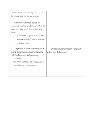 Helen: Don’t worry. I’ll help you, uh, put
the photographs into the same group.
-กลวิธีการขอความช่วยเหลือ (appeal for
assistance) ขณะที่สนทนา เมื่อผู้พูดไม่รู้คาศัพท์ จึง
ถามคู่สนทนา เช่น ถามว่า What is this? What
called?
- ยกตัวอย่างเช่น ไม่รู้คาว่า ว่า “project” จึง
ขอความช่วยเหลือดังนี้ What is it called?
How do you call it?
-ครูสาธิตกลวิธีการขอความช่วยเหลือในการทา
กิจกรรม โดยให้นักเรียนสองคนออกมาสนทนากัน
(นักเรียนชื่อ Helen กาลังคัดแยกรูปภาพ)
Dialogue
Tom: What are these? How do you call it?
Helen: These are photographs.
-นักเรียนสองคนออกมาสนทนากัน และนักเรียน
คนอื่นๆ ดูและฟังเพื่อนสนทนา
 